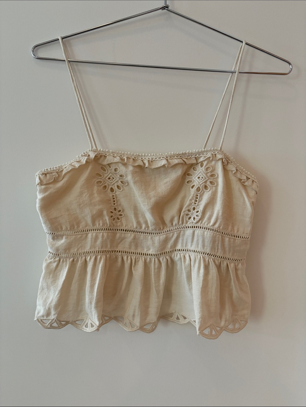 Zara Cream Eyelet Spaghetti-Strap Peplum Crop Top